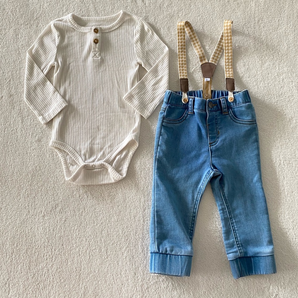 Cat & Jack Matching Set - Cream Long-sleeve Onesie and Jeans with Suspenders